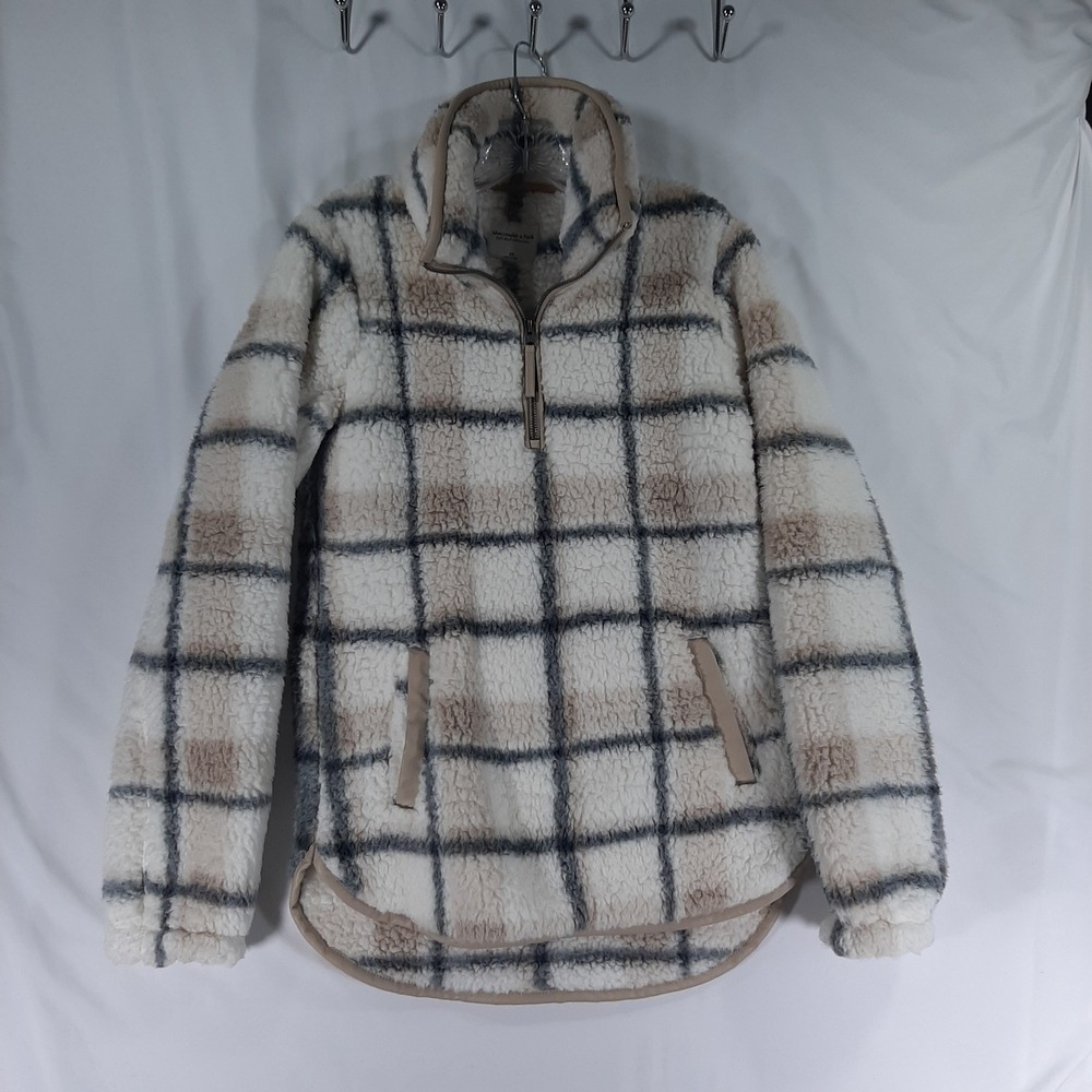 Abercrombie & Fitch Plaid Sherpa Fleece Quarter Zip Pullover Jacket Cream XS